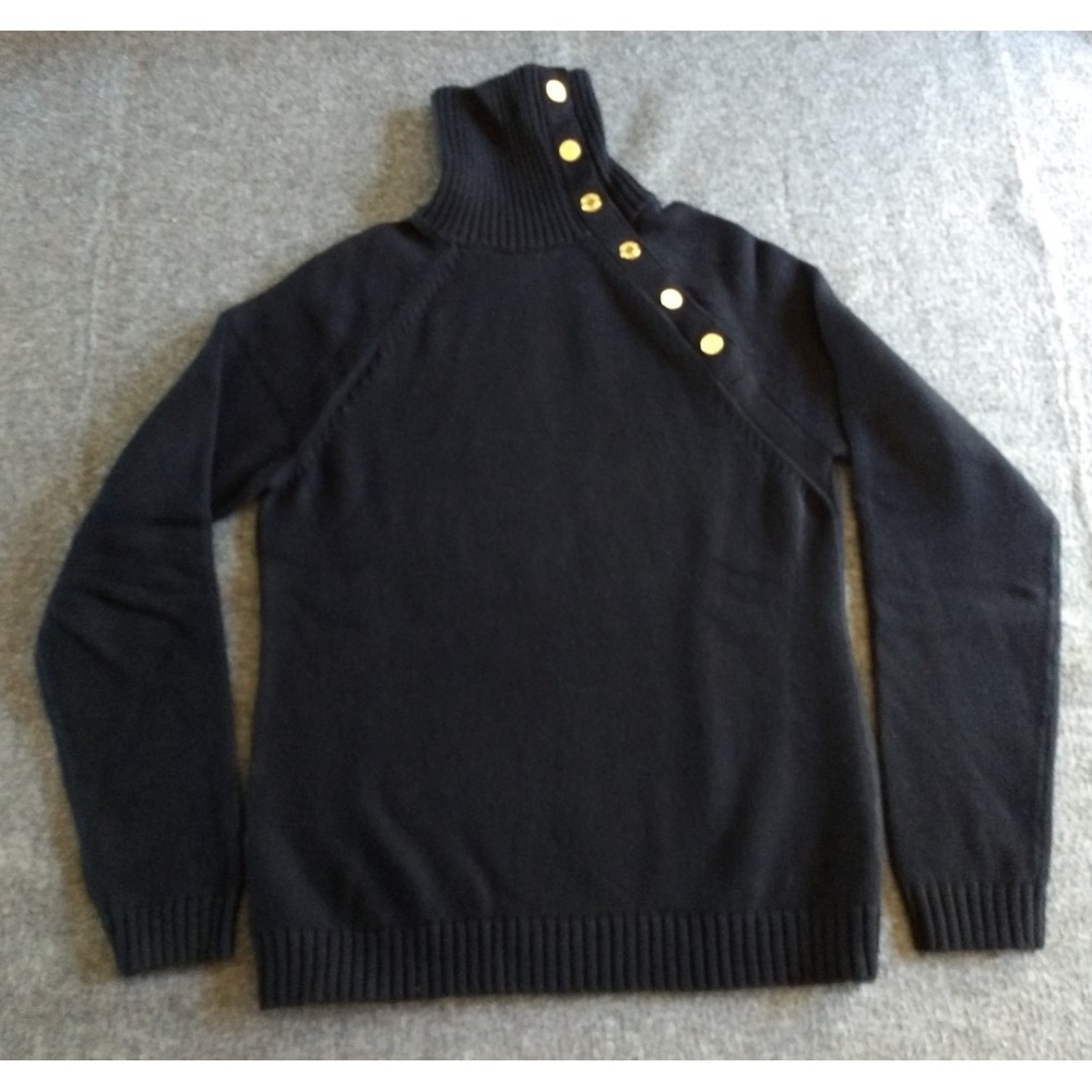 Ralph Lauren‎ Gold Snaps Turtleneck Sweater LRL Women S Black 100% Cotton Ribbed